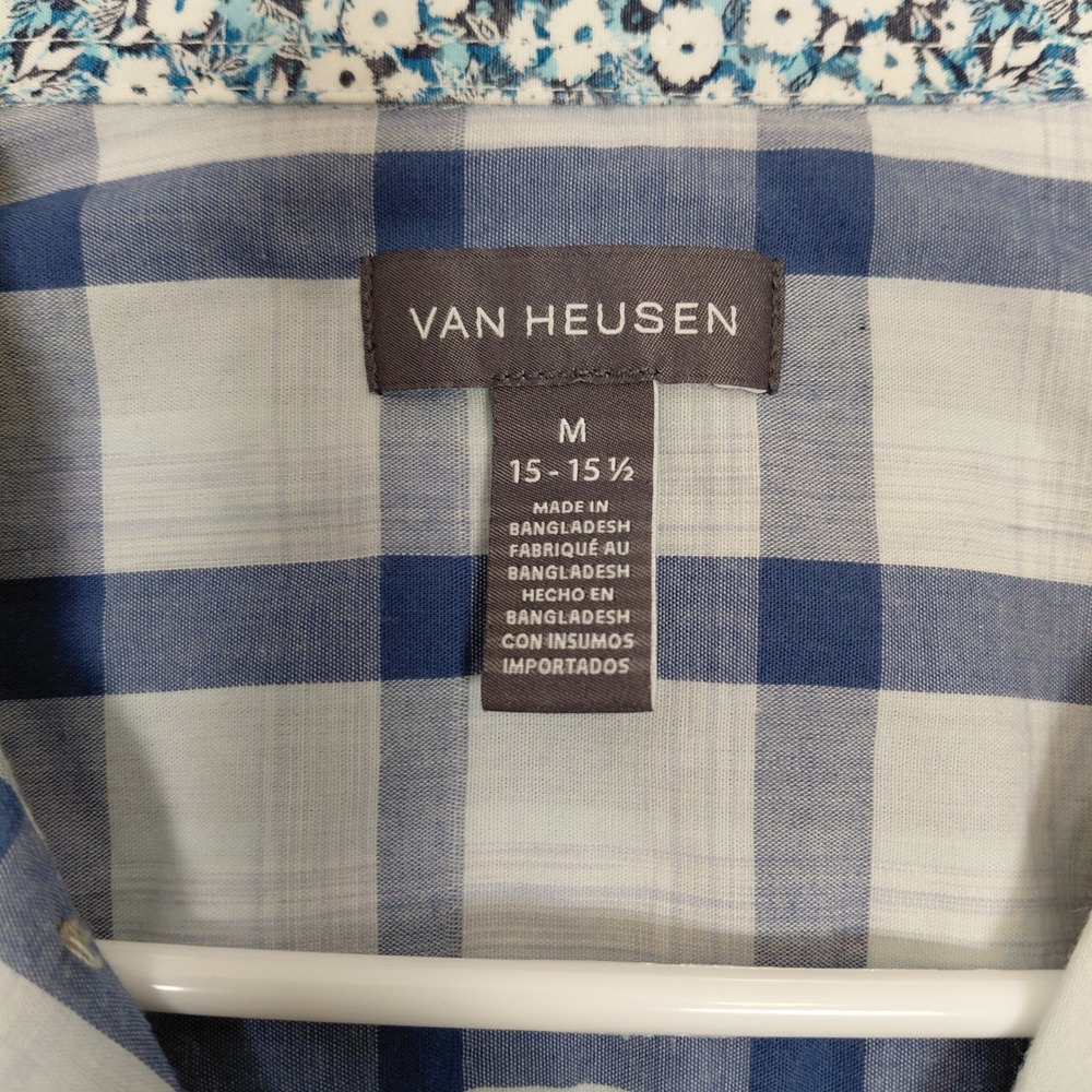 Kids Blue White Plaid Short Sleeve Button‎ Down Shirt Floral Trim Preppy M 15 - Picture 3 of 11